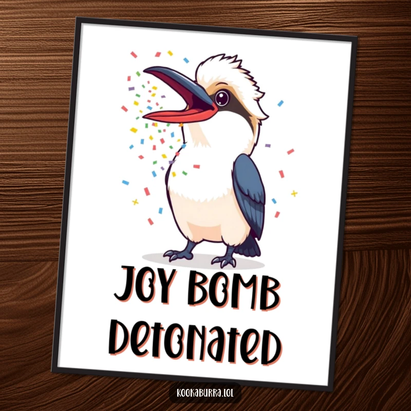 Funny Kookaburra Digital Art Print of a kookaburra with beak wide open, showering colorful confetti, ready for instant display.