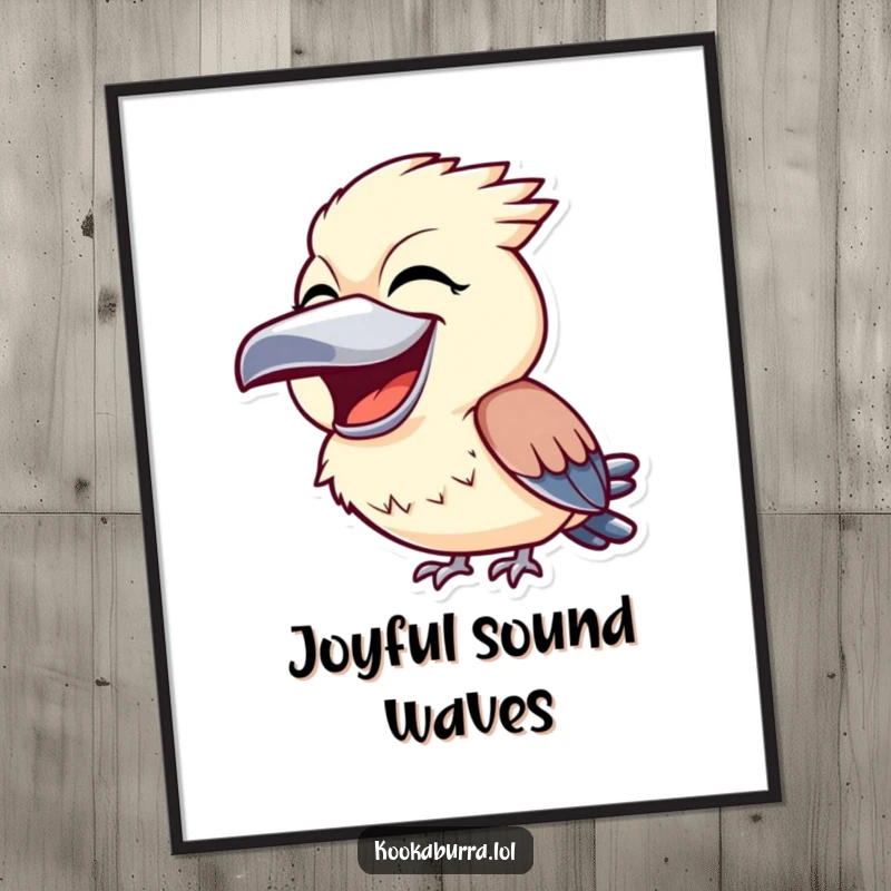 Funny kookaburra digital art print of a bird with beak wide open, laughing joyfully, bringing vibrant energy and humor to decor.