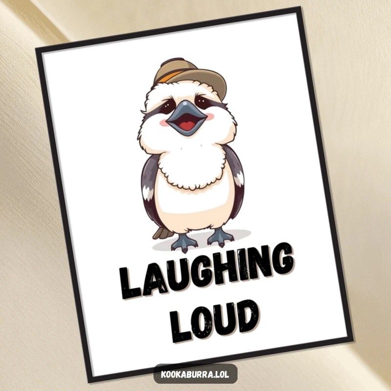 Funny digital art print of a cute kookaburra in a small hat, bursting with hearty laughter for cheerful decor.