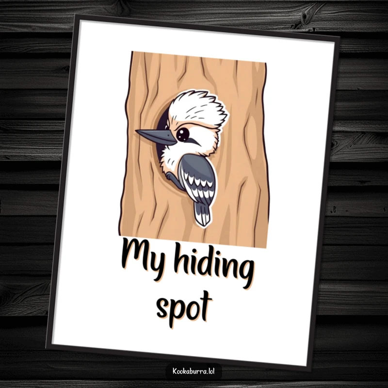 Funny kookaburra digital art print, a mischievous bird peeking from a tree, radiating playful humor and charm.