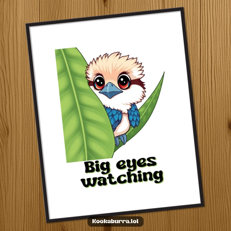 Funny kookaburra digital art print of a bird with large eyes, peeking from behind a leaf.