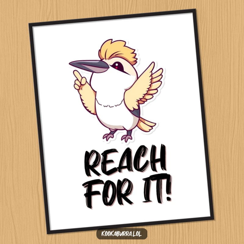 Cute kawaii kookaburra excitedly pointing upwards with its wing, rendered as digital art, perfect for instant, cute decor.