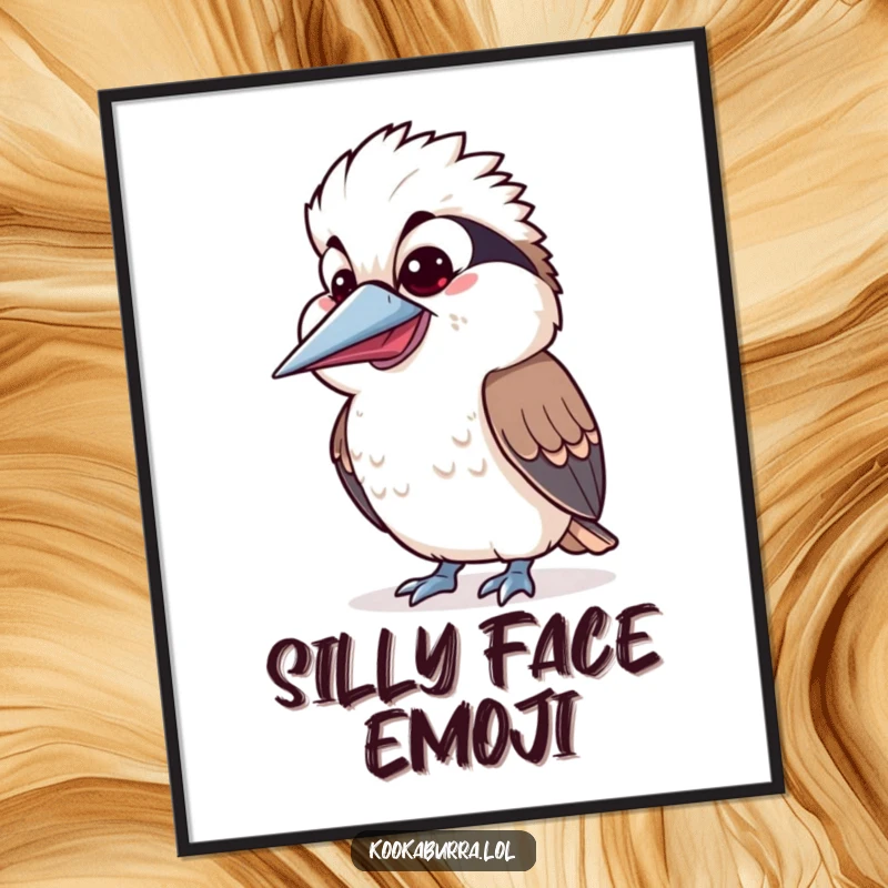 Funny Kawaii Kookaburra digital art print showing a cute bird with a silly, wide-open beak expression, radiating joy. A perfect funny gift.