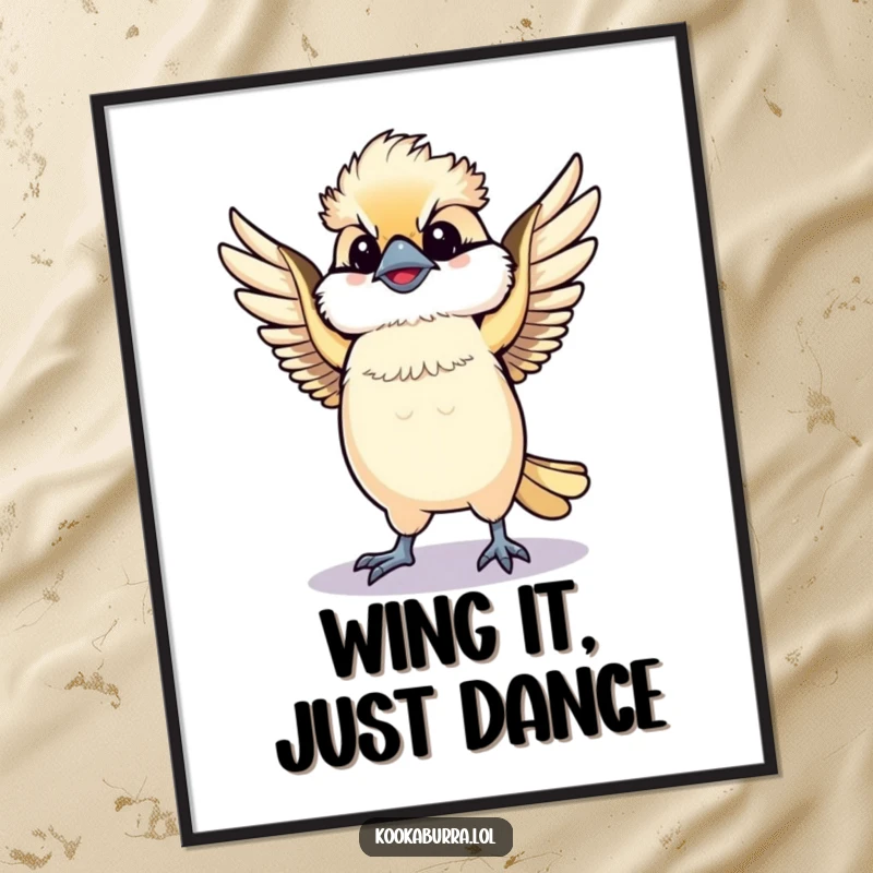 Funny Kawaii Kookaburra digital art print, a cute bird dancing with spread wings, radiating joy and energy. Perfect for funny gifts.