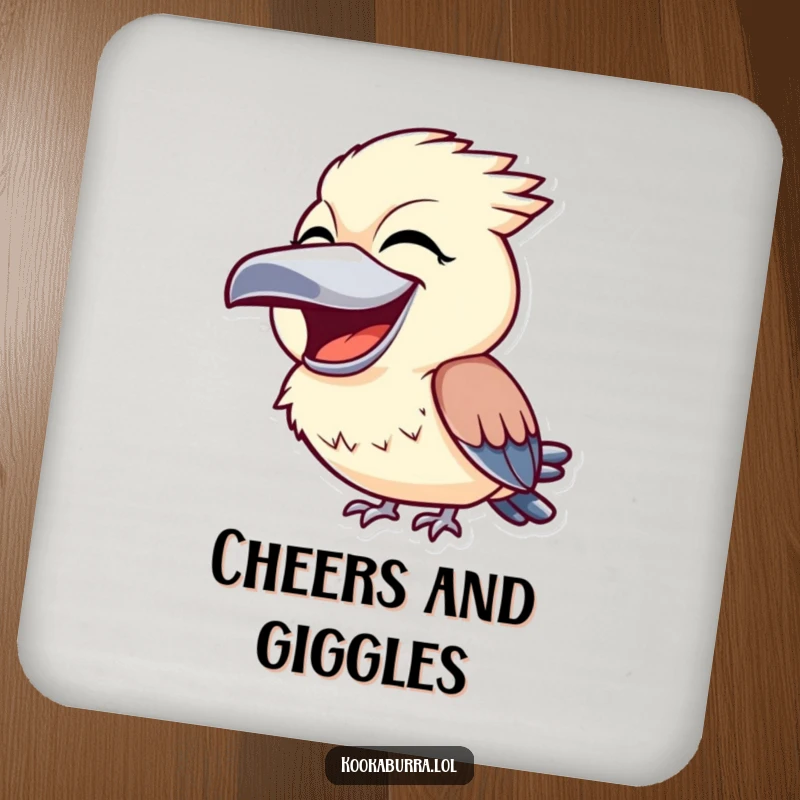 Funny kookaburra coasters depicting a bird with its beak wide open, laughing joyfully, perfect for adding humor to any table setting.