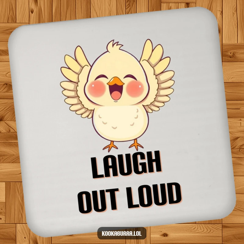 Funny coaster showcasing a chubby bird laughing heartily with its wings outstretched, protecting surfaces with a cheerful and humorous design.
