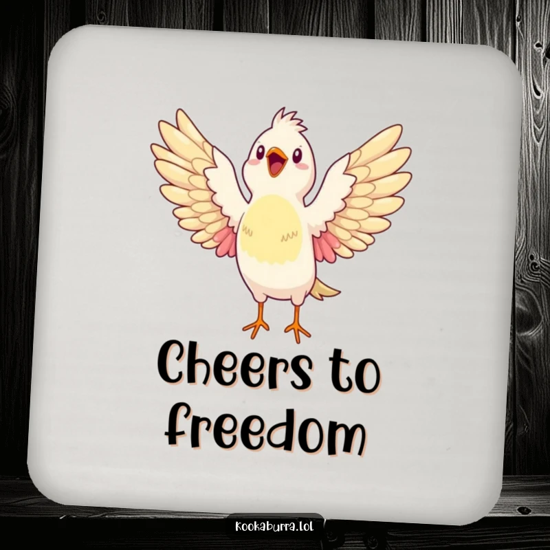 Funny coaster showcasing a bird stretching its wings wide open, bursting with glee, protecting tables with a joyful and uplifting design.