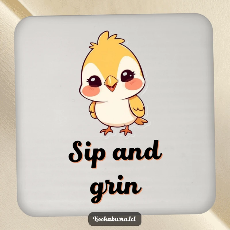 Funny coaster featuring a cute bird with a wide, silly grin, protecting tables from drinks with a charming and humorous design.