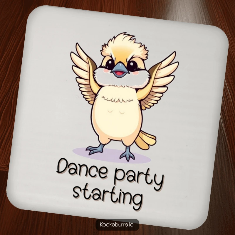 Funny Kawaii Kookaburra drink coaster, a cute bird dancing with spread wings, full of life and joy. A delightful funny gift.