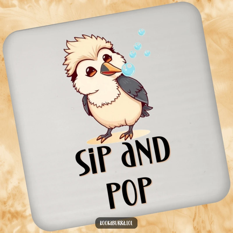 Funny kawaii kookaburra drink coaster featuring an amused bird blowing a stream of bubbles, protecting tables with humorous flair.
