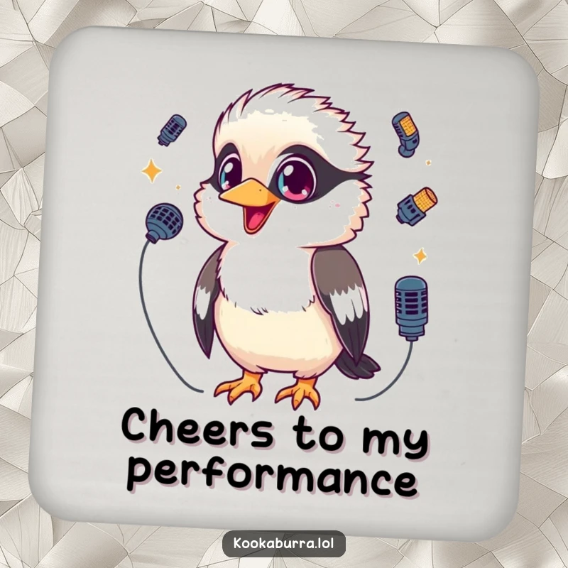 Funny Kookaburra Drink Coaster showing a kawaii kookaburra juggling tiny microphones, protecting surfaces with musical charm.