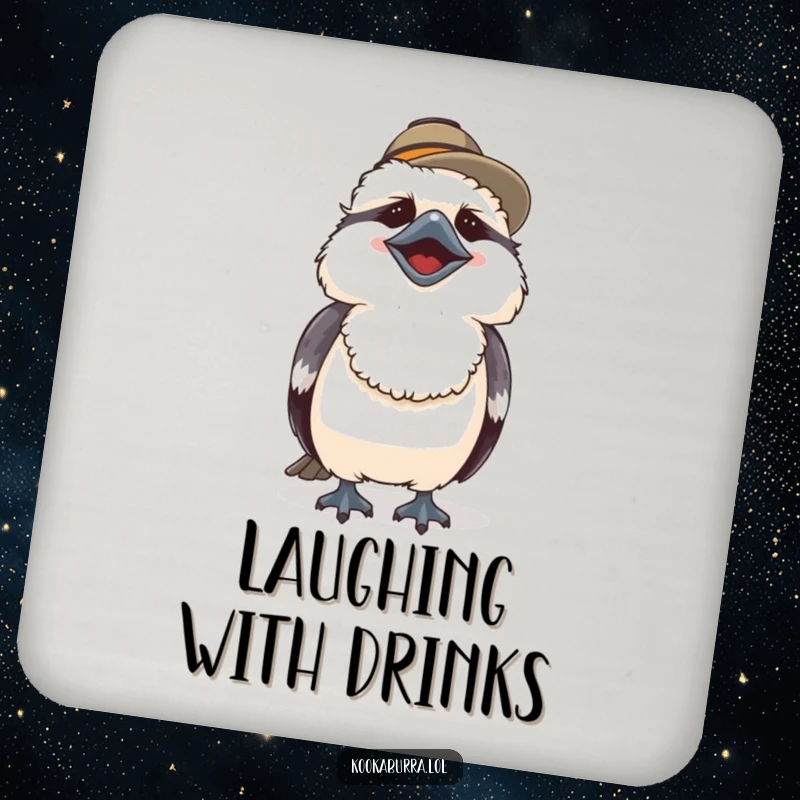 Funny drink coasters featuring a cute kookaburra in a hat, laughing heartily to protect surfaces with charm.