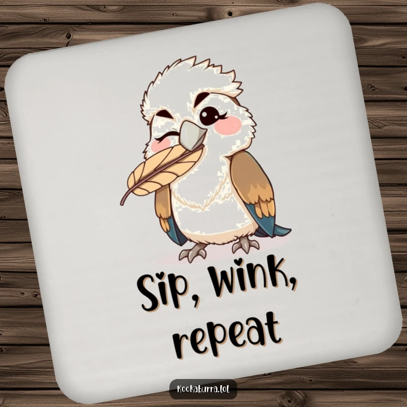 Funny kawaii kookaburra coaster featuring a winking bird with a feather comically stuck on its beak, a humorous and practical addition.
