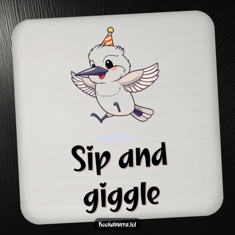 Funny Coaster showing a kookaburra in a party hat, mid-jump with joy, perfect for adding a festive touch to drinks.