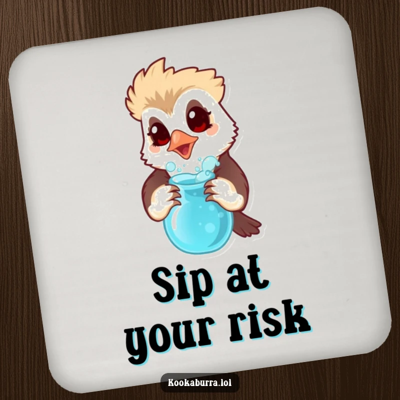 Funny coaster set with a kookaburra looking surprised holding a bubbling potion, adding science flair and protection.