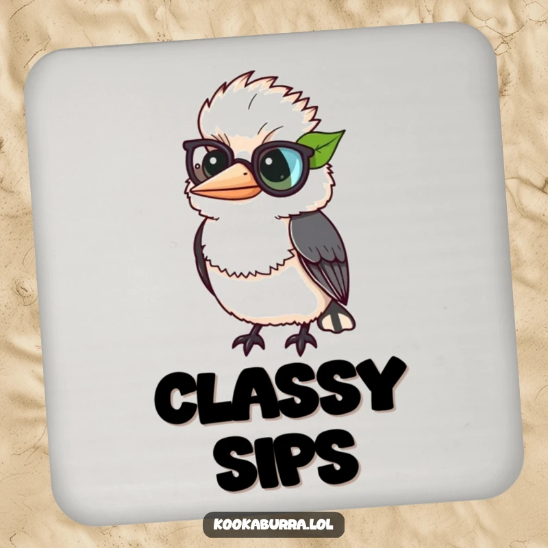 Funny kookaburra comically wearing a leaf as a monocle, a dapper and humorous drink coaster.