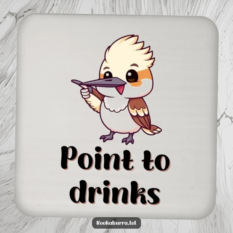 Funny kookaburra excitedly pointing with its wing, a humorous and functional drink coaster.