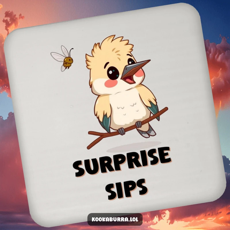 Funny kookaburra making a surprised face as a bug flies past, a humorous and protective drink coaster.