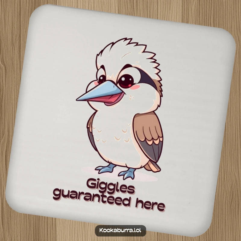 Funny Kawaii Kookaburra drink coaster with a cute bird, silly expression, and wide open beak, ready for happy hour. A charming funny gift.