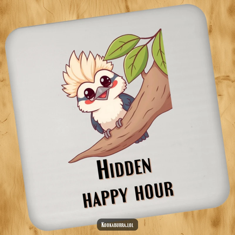 Funny kawaii kookaburra coaster, peeking from leaves, grinning, cute bird graphic, humorous table protection.