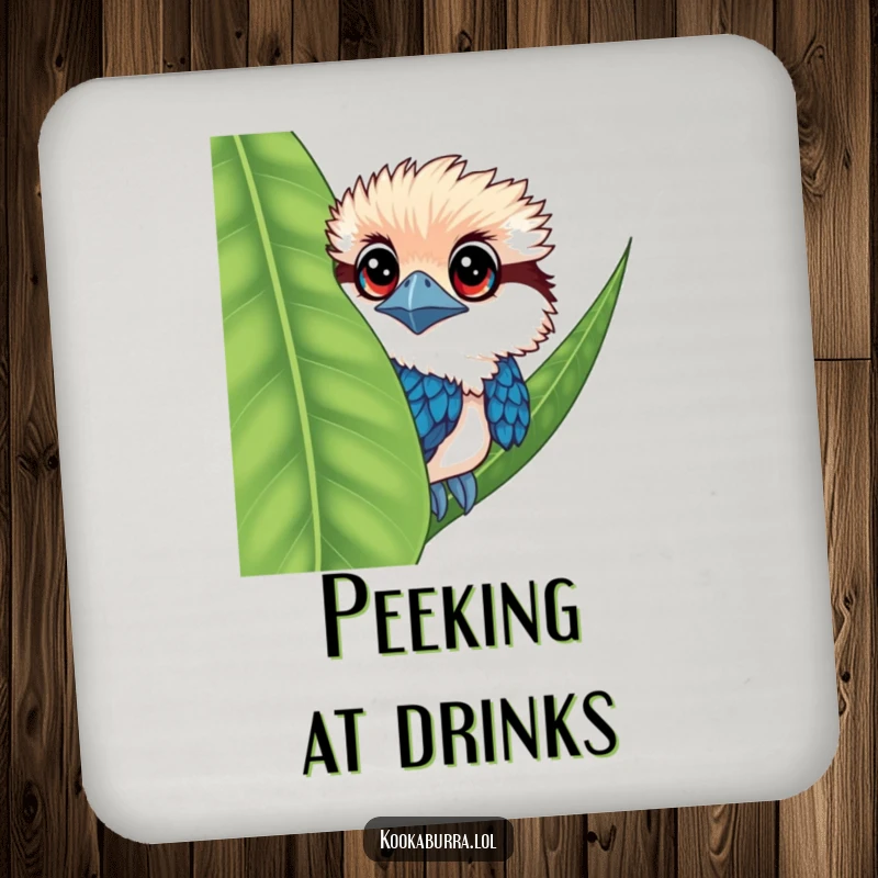 Funny kookaburra coaster featuring a bird with large eyes, peeking from behind a leaf, stylish and protective.