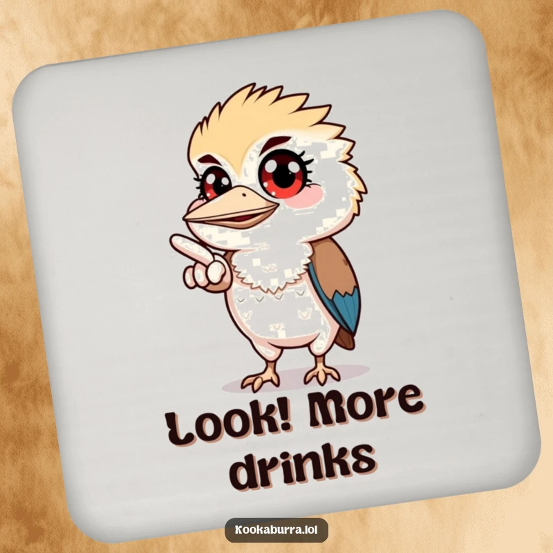 Funny drink coasters featuring a kookaburra with wide eyes pointing off-screen, adding a humorous touch to surfaces.