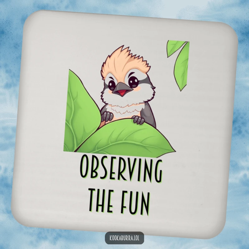 Funny kawaii kookaburra coasters showing a cute bird curiously peeking from behind a leaf, perfect for adding charm to tabletops.