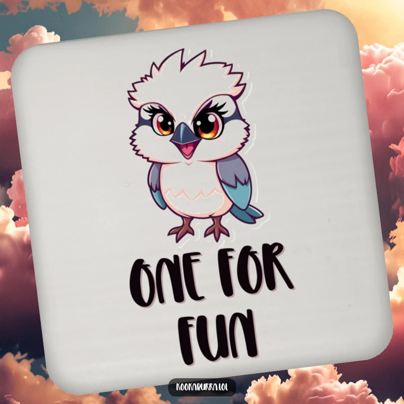 Funny kookaburra coaster, a single large eye sparkling with mischief on a bird, adding playful charm to surfaces.