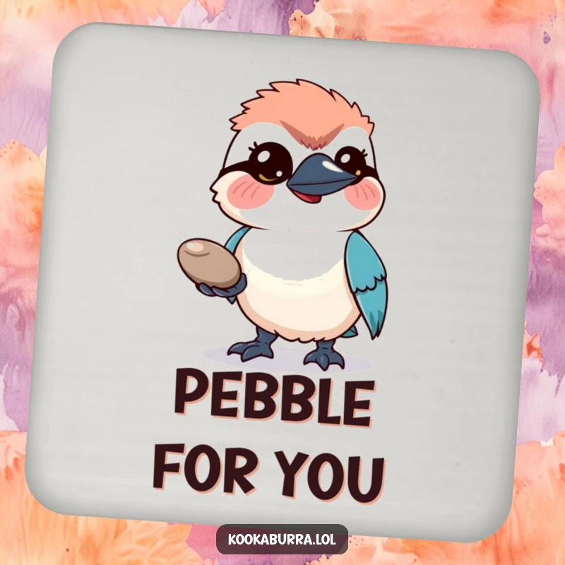 Funny Coaster: A hopeful kookaburra bird offers a shiny pebble, a charming addition to protect your surfaces.