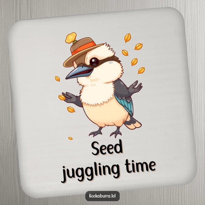 Funny kookaburra coaster featuring a bird in a hat, juggling seeds, protecting surfaces with style.