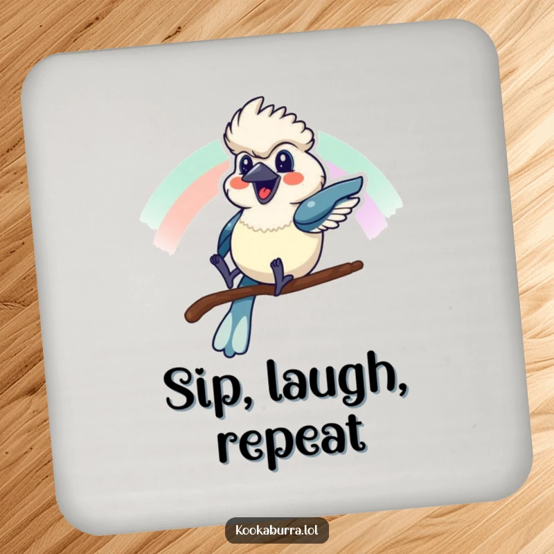 Funny coaster set with a kookaburra sliding down a rainbow and a cheerful grin, bringing joy and protection.