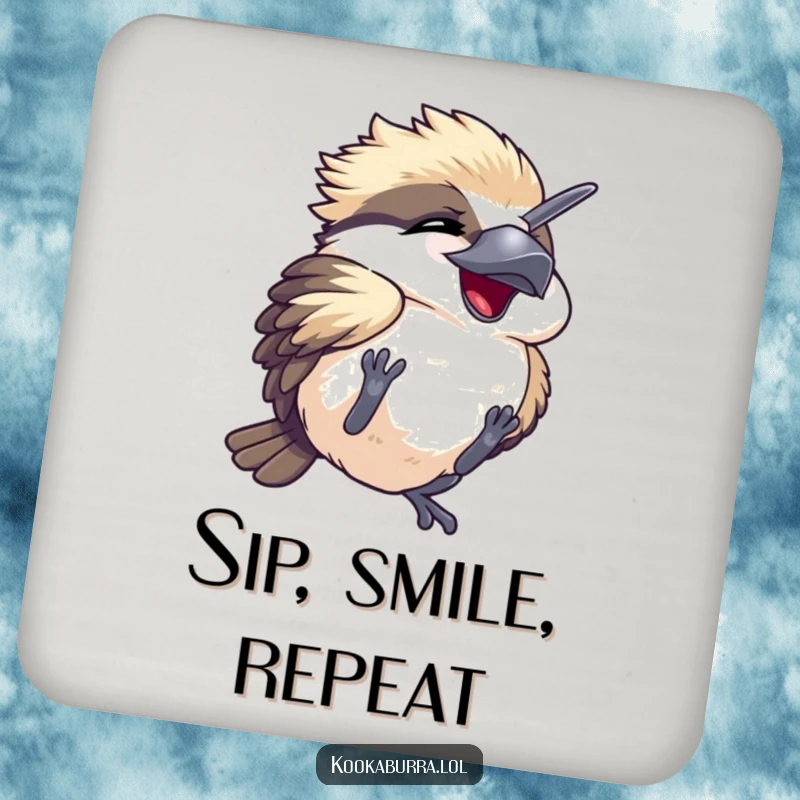 Funny drink coaster with a kawaii kookaburra hilariously tumbling, eyes closed in pure mirth, protecting your surfaces.