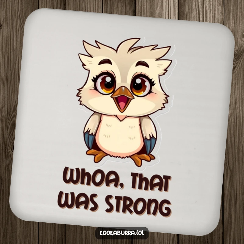 Funny kookaburra coasters depicting a bird with big, wide eyes and a shocked expression, perfect for adding humor to tabletops.