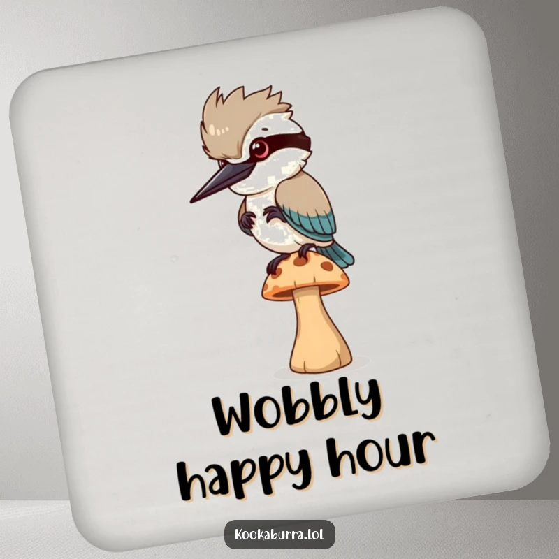 Funny Coaster: A kookaburra bird balances on a wobbly mushroom, a charming and funny addition to protect surfaces.