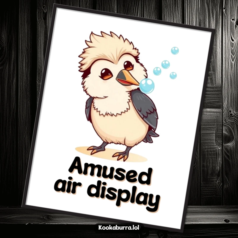 Funny kawaii kookaburra poster featuring an amused bird blowing a stream of bubbles, creating a whimsical and humorous wall art piece.