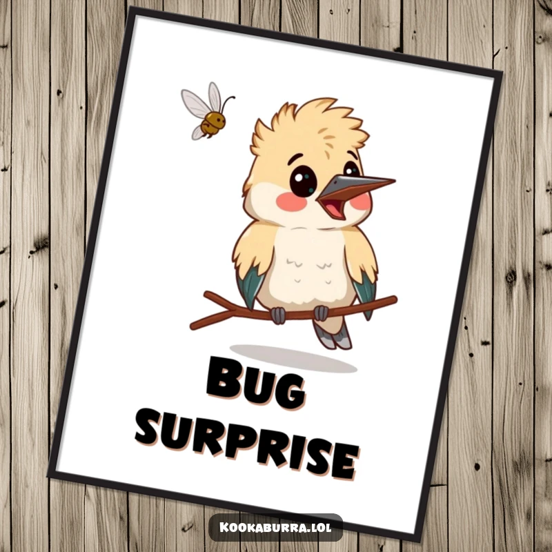 Funny kookaburra making a surprised face as a bug flies past, humorous and expressive wall art.