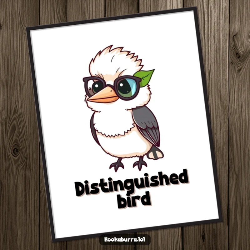 Funny kookaburra comically wearing a leaf as a monocle, a humorous and distinguished piece of wall art.