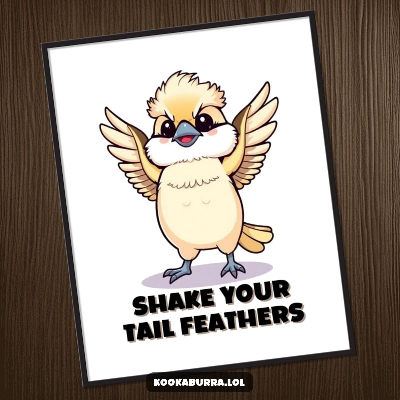 Funny Kawaii Kookaburra poster, a cute bird dancing with spread wings, radiating joy and energy. Great wall art for funny gift lovers.