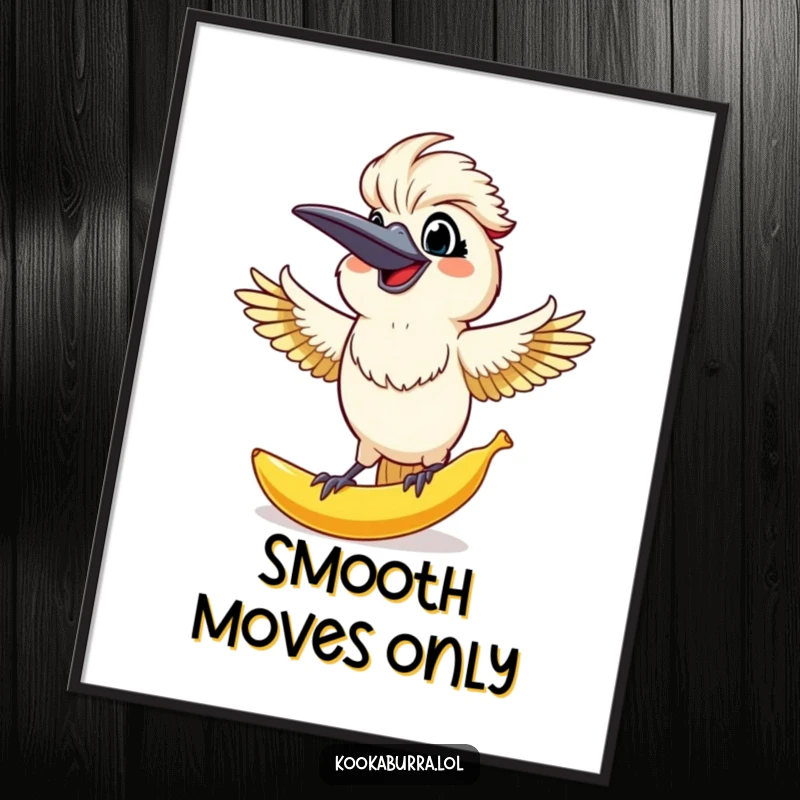 Funny Kookaburra Poster: A kookaburra with outstretched arms, catching a huge banana peel, capturing a moment of funny surprise.
