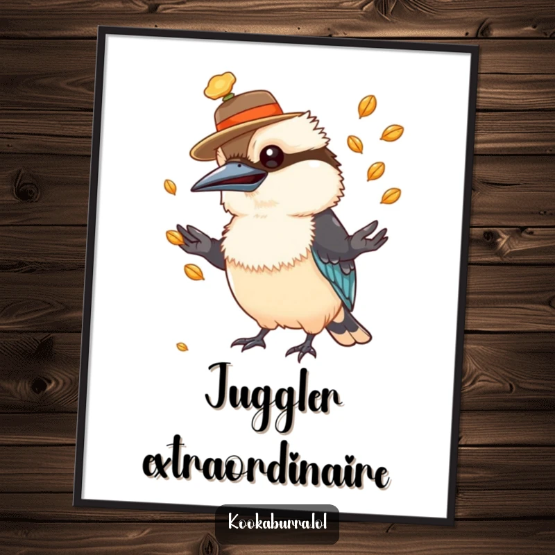 Funny kookaburra poster of a bird wearing a hat, juggling seeds with a comical expression.