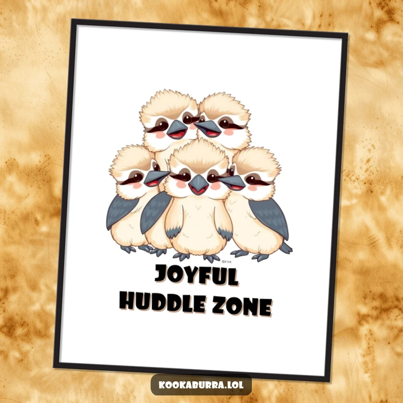Funny kawaii kookaburra poster showcasing a group of smiling, giggling birds huddled together, creating a whimsical and humorous art piece.
