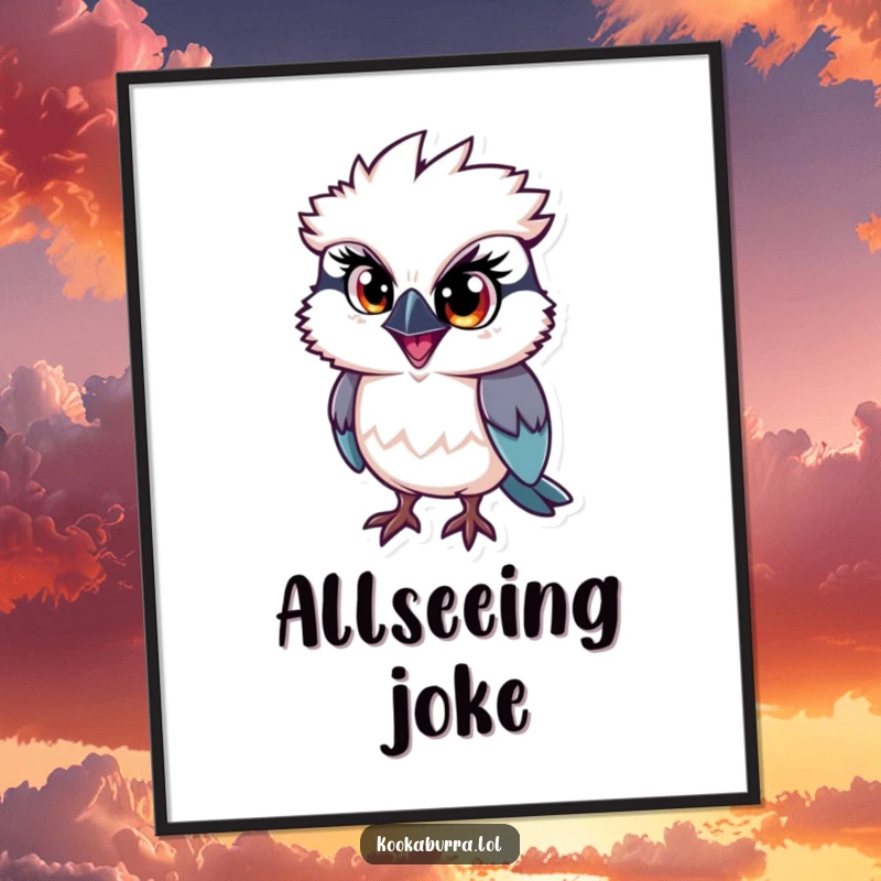 Funny kookaburra poster, a single large eye sparkling with mischief on a bird, creating humorous and captivating wall art.