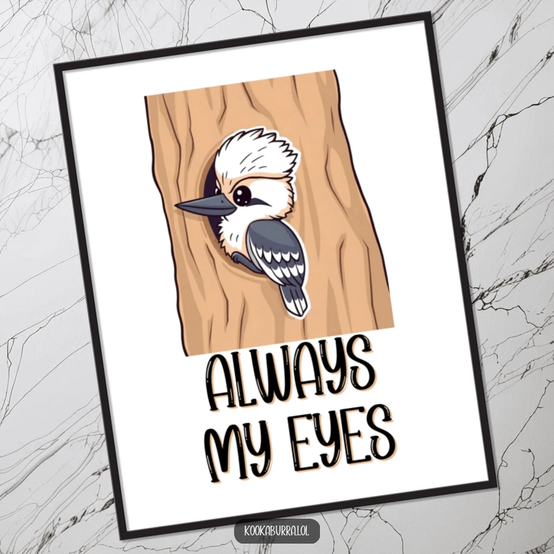 Funny kookaburra poster, a delightful bird peeking from a tree, bringing playful energy and humorous charm to wall decor.