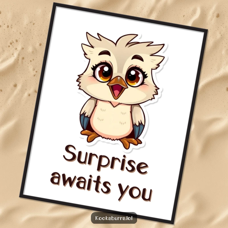 Funny kookaburra poster of a bird with enormous, wide eyes and a shocked expression, perfect for adding humor to wall decor.