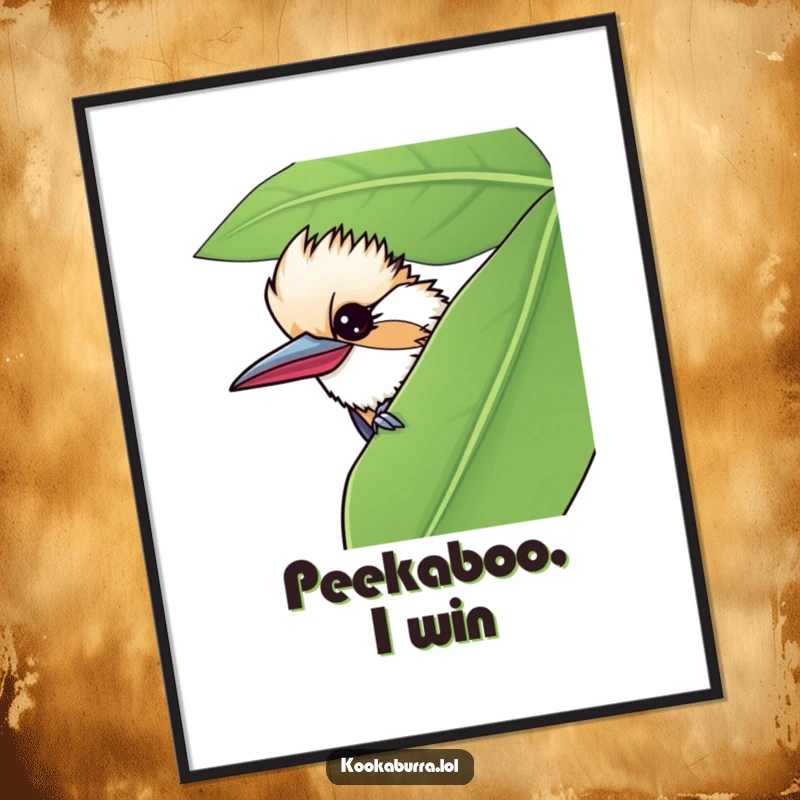 Funny poster art of a kookaburra peeking from behind a giant leaf, delivering a mischievous wink with playful charm.