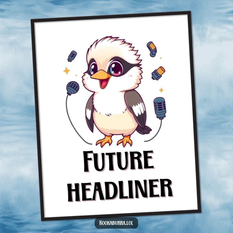 Funny Kookaburra Poster featuring a kawaii kookaburra with sparkling eyes, skillfully juggling three tiny microphones, perfect for musical decor.