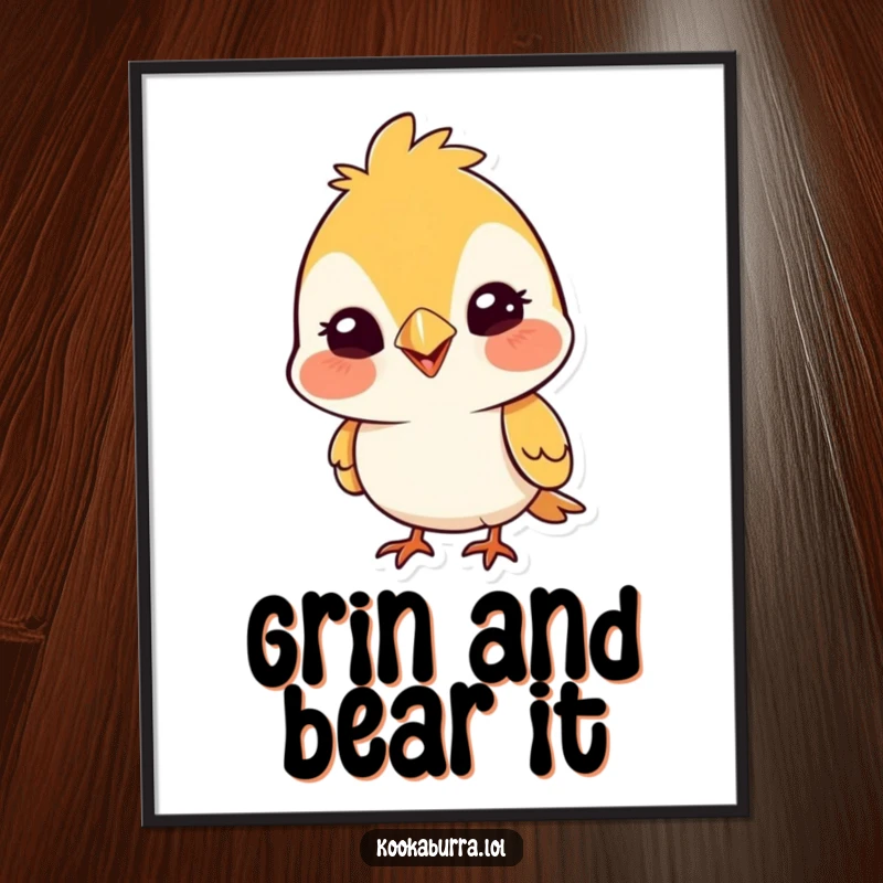 Funny poster showcasing a cute bird tipping its head with a wide, silly grin, exuding charm and delightful, playful humor.