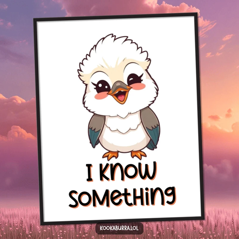 Funny Kawaii Kookaburra poster, a cute bird with a playful wink and a big beaming smile, radiating warmth. Great wall art for funny gift lovers.