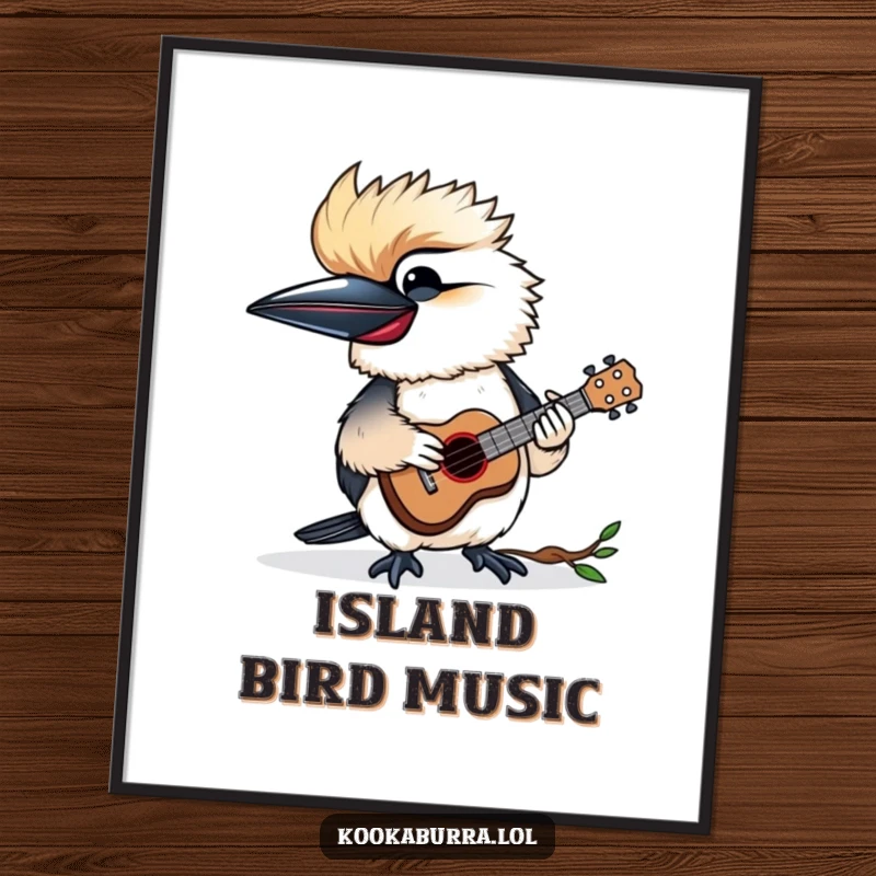 Funny poster of a kookaburra happily playing a tiny ukulele, bringing cheerful musical vibes to any space.