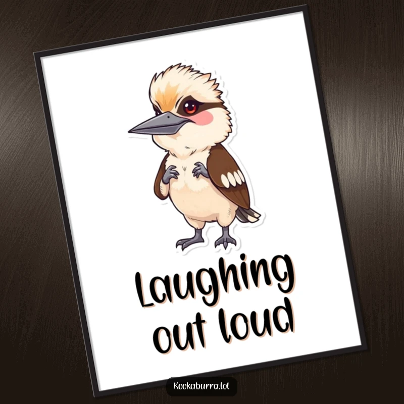 Funny kookaburra character striking a funny human pose, presented as vibrant wall art, bringing humor and delight.